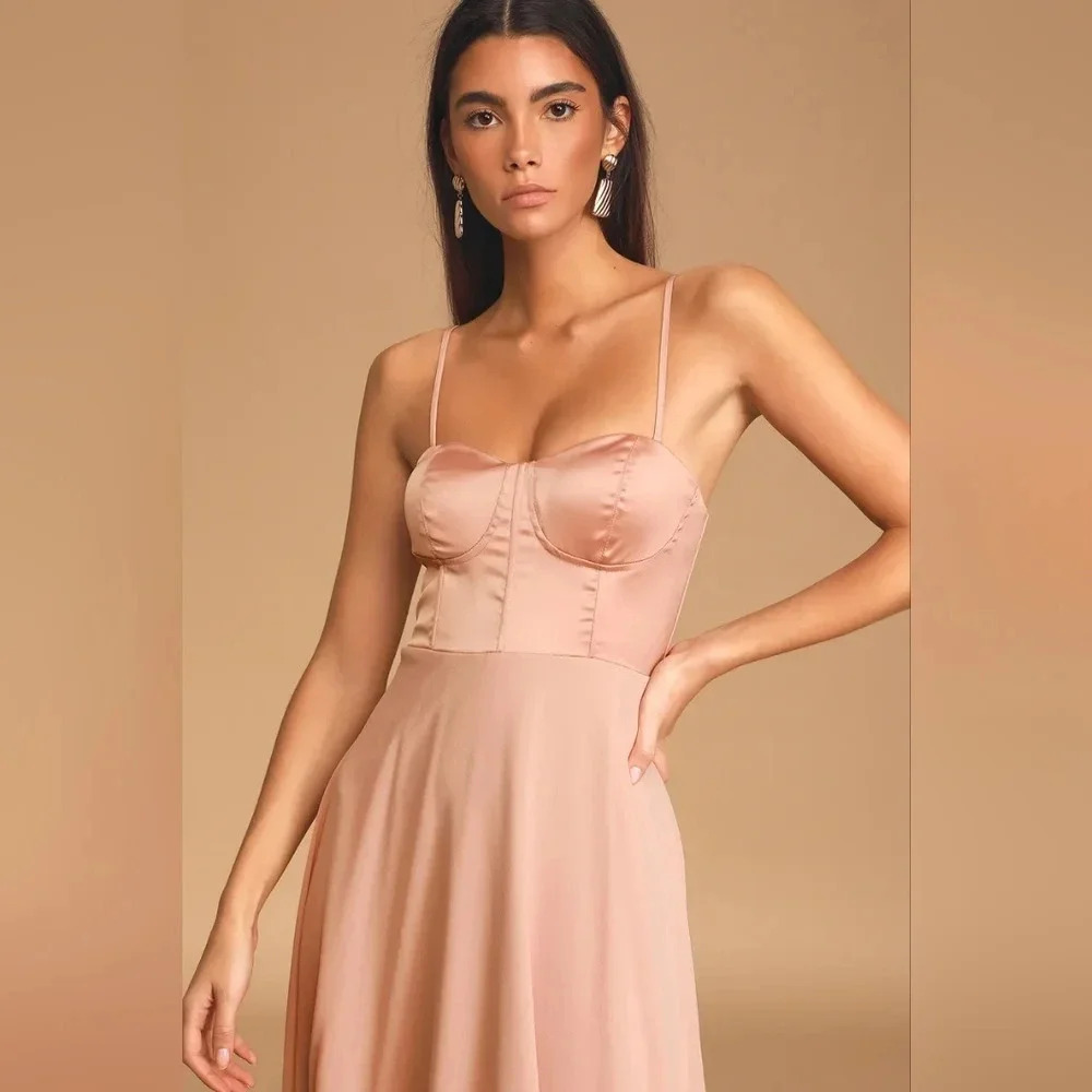Lulus Best Part Of Me Blush Satin Bustier Maxi Dress L Wedding Party Guest Prom - Picture 4 of 11